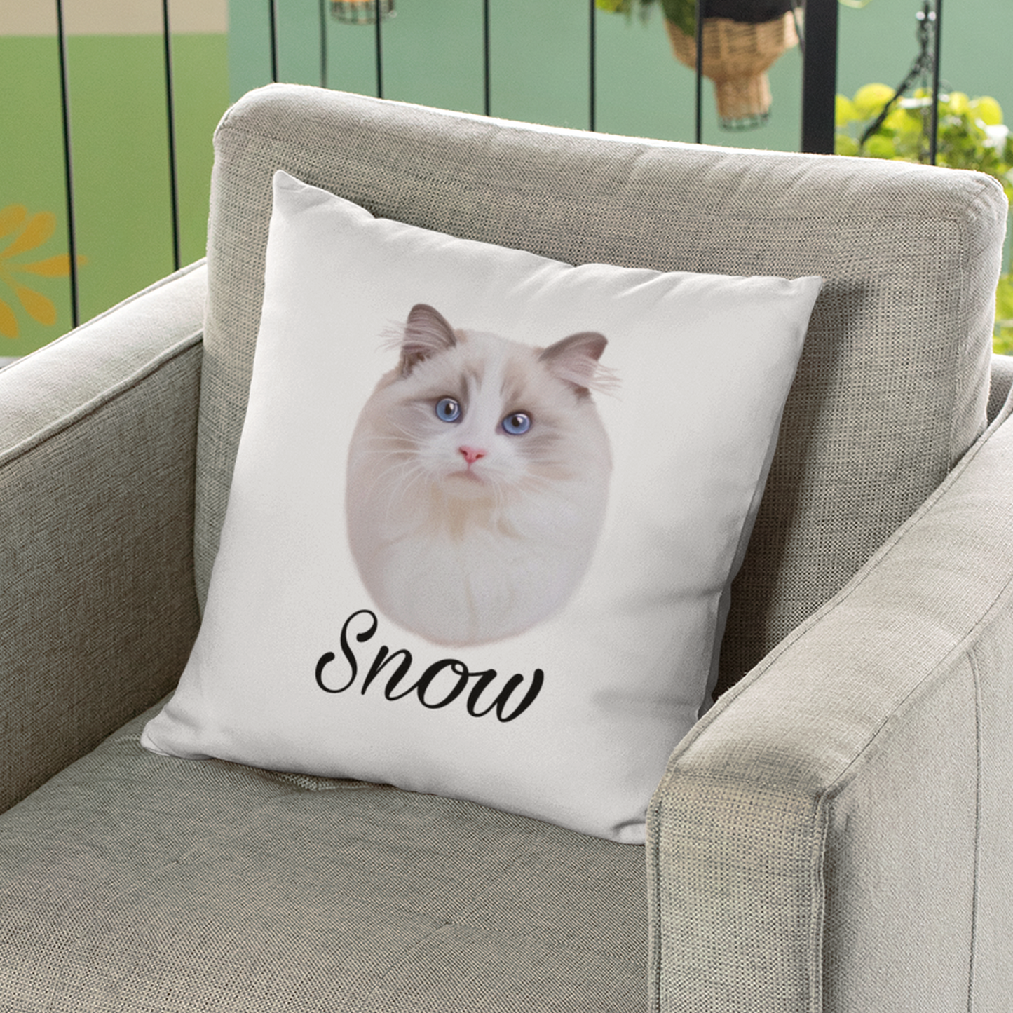 Coussin avec portrait d'un chat ragdoll personnalisable avec un prénom