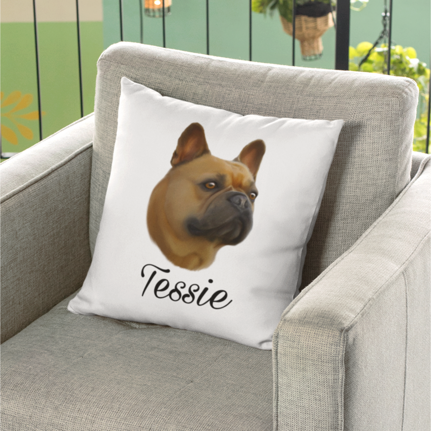 Coussin avec portrait d'un chien bouledogue français personnalisable avec un prénom