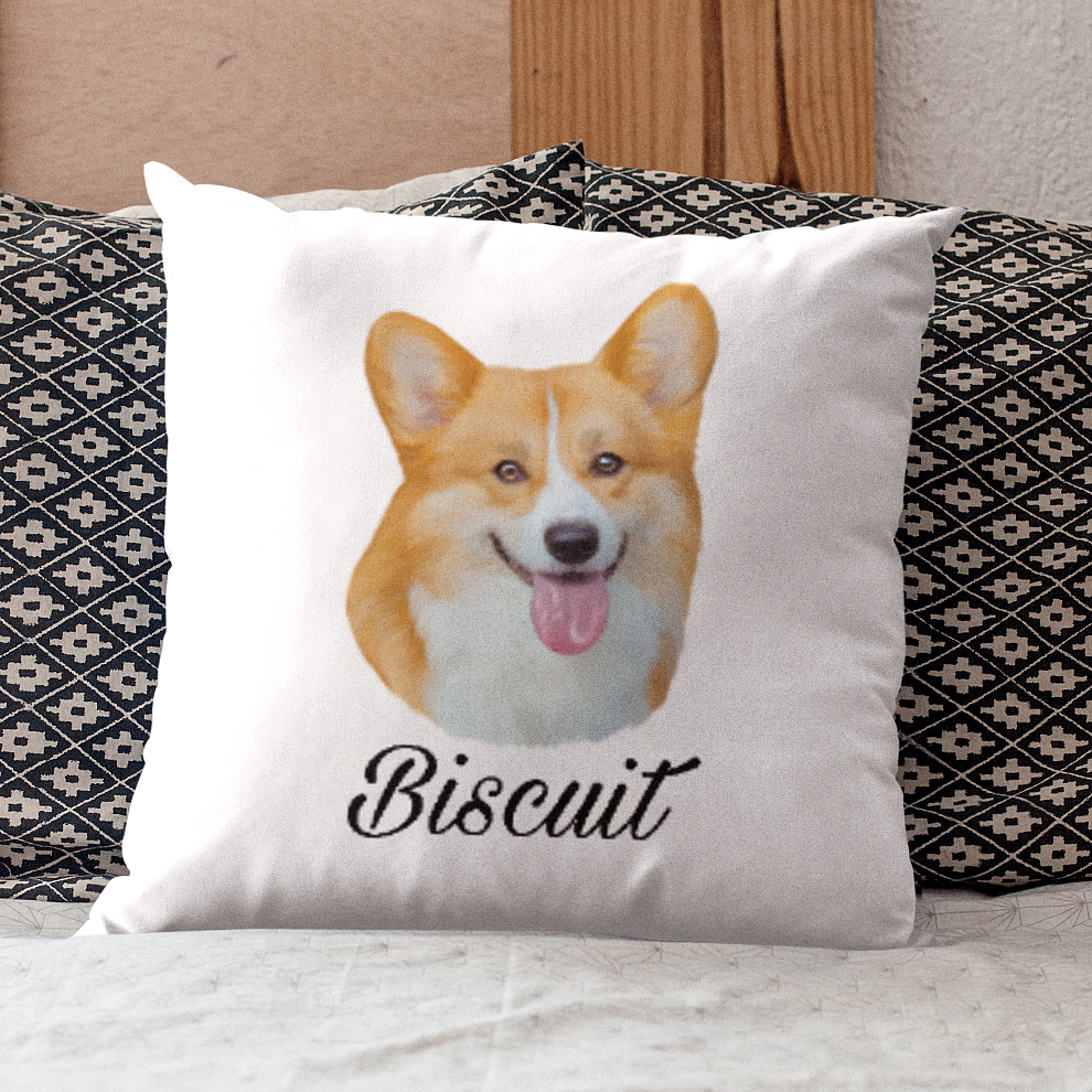 Coussin avec un portrait d'un corgi personnalisable avec un prénom