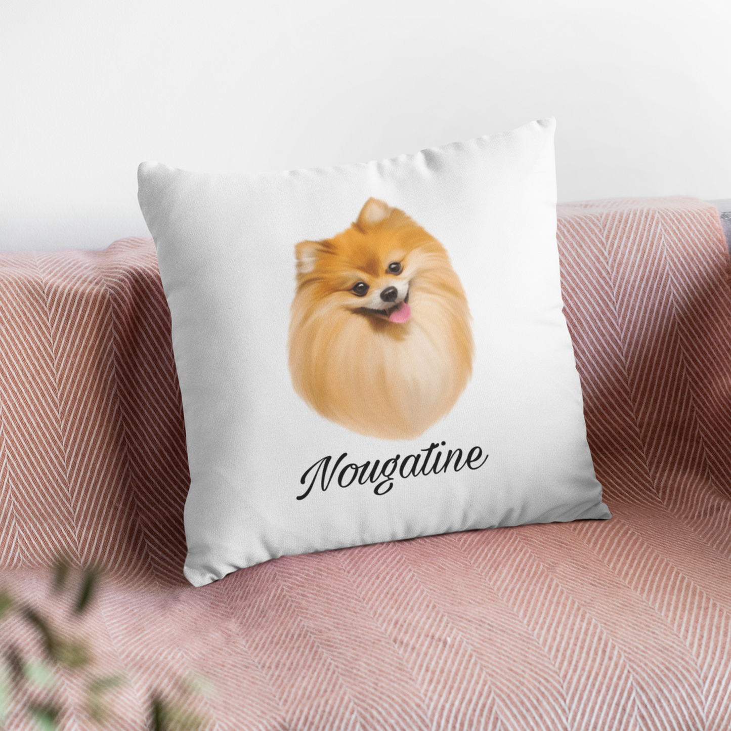 Coussin avec portrait d'un chien spitz roux personnalisable avec un prénom