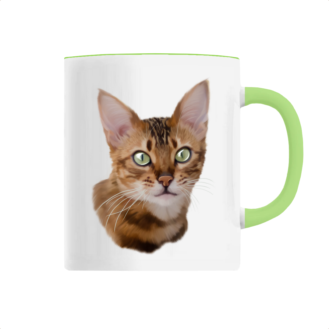 Mug avec portrait d'un chat bengal personnalisable avec un prénom avec une hanse verte