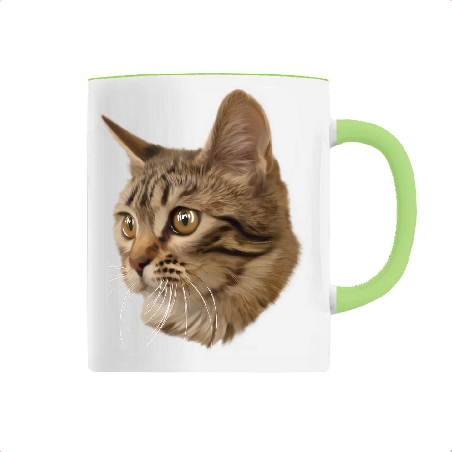 Mug avec portrait d'un chat european shorthair personnalisable avec un prénom avec une hanse verte
