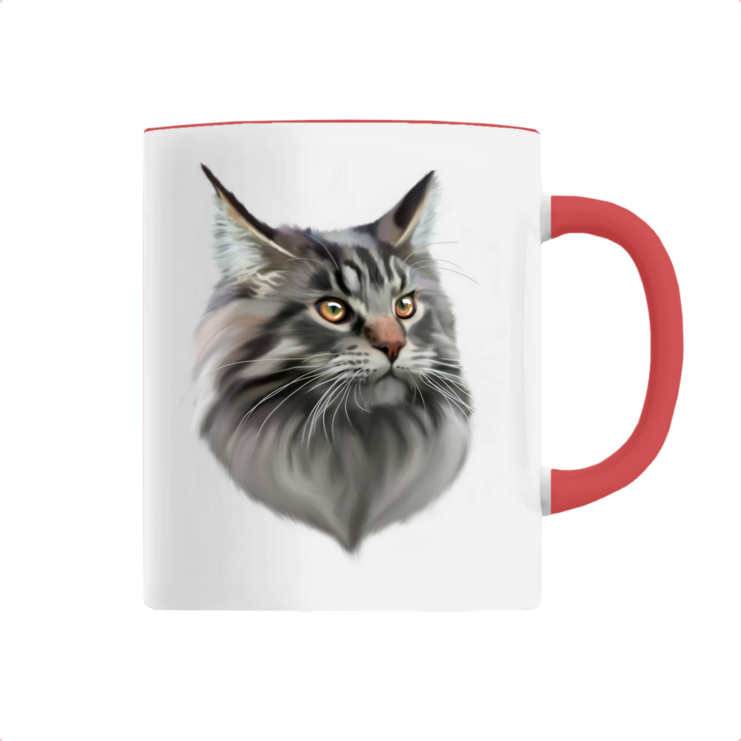 Mug avec portrait d'un chat maine coon gris personnalisable avec un prénom avec hanse rouge