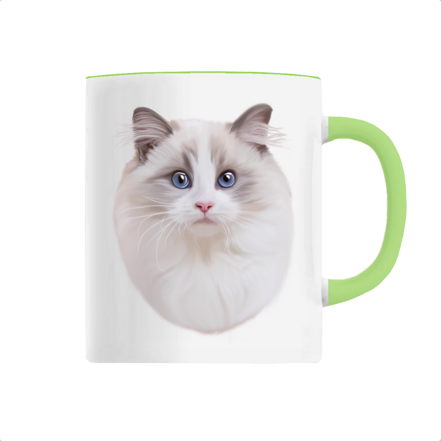 Mug avec portrait d'un chat ragdoll personnalisable avec un prénom avec une hanse verte
