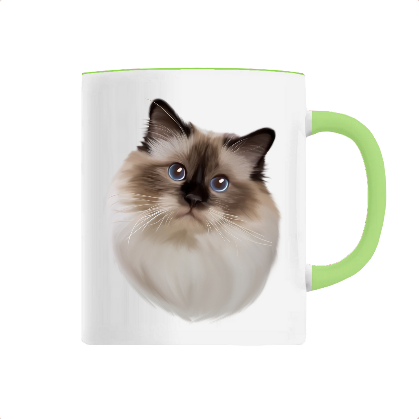 Mug avec portrait d'un chat sacré de birmanie personnalisable avec un prénom avec une hanse verte