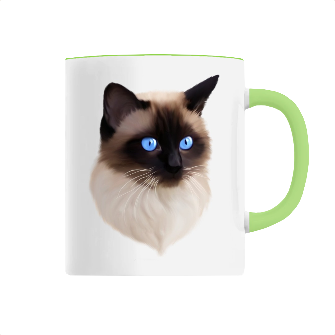 Mug avec portrait d'un chat siamois personnalisable avec un prénom avec hanse verte