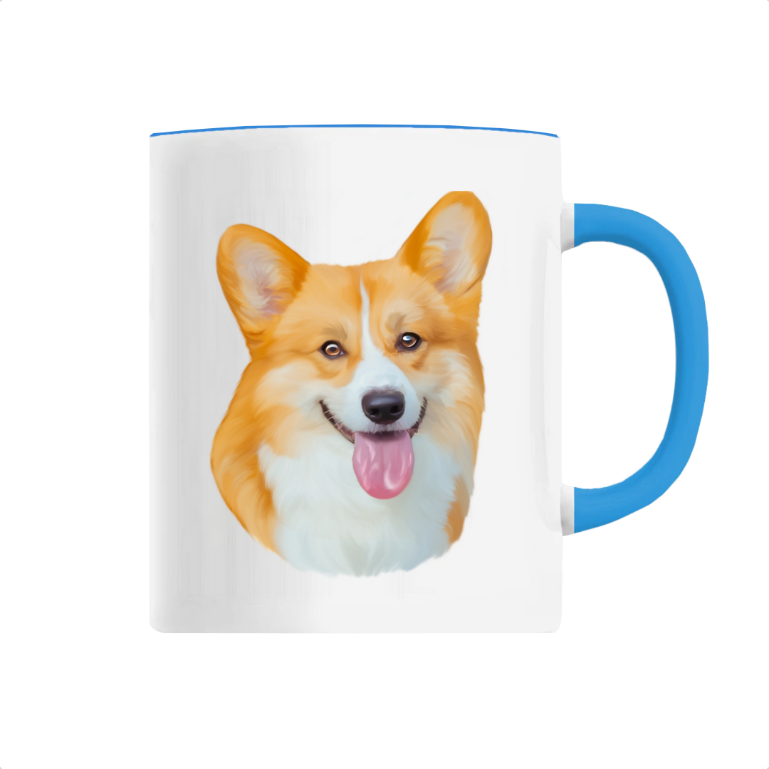 Tasse avec portrait d'un chien corgi personnalisable avec son prénom avec hanse bleue
