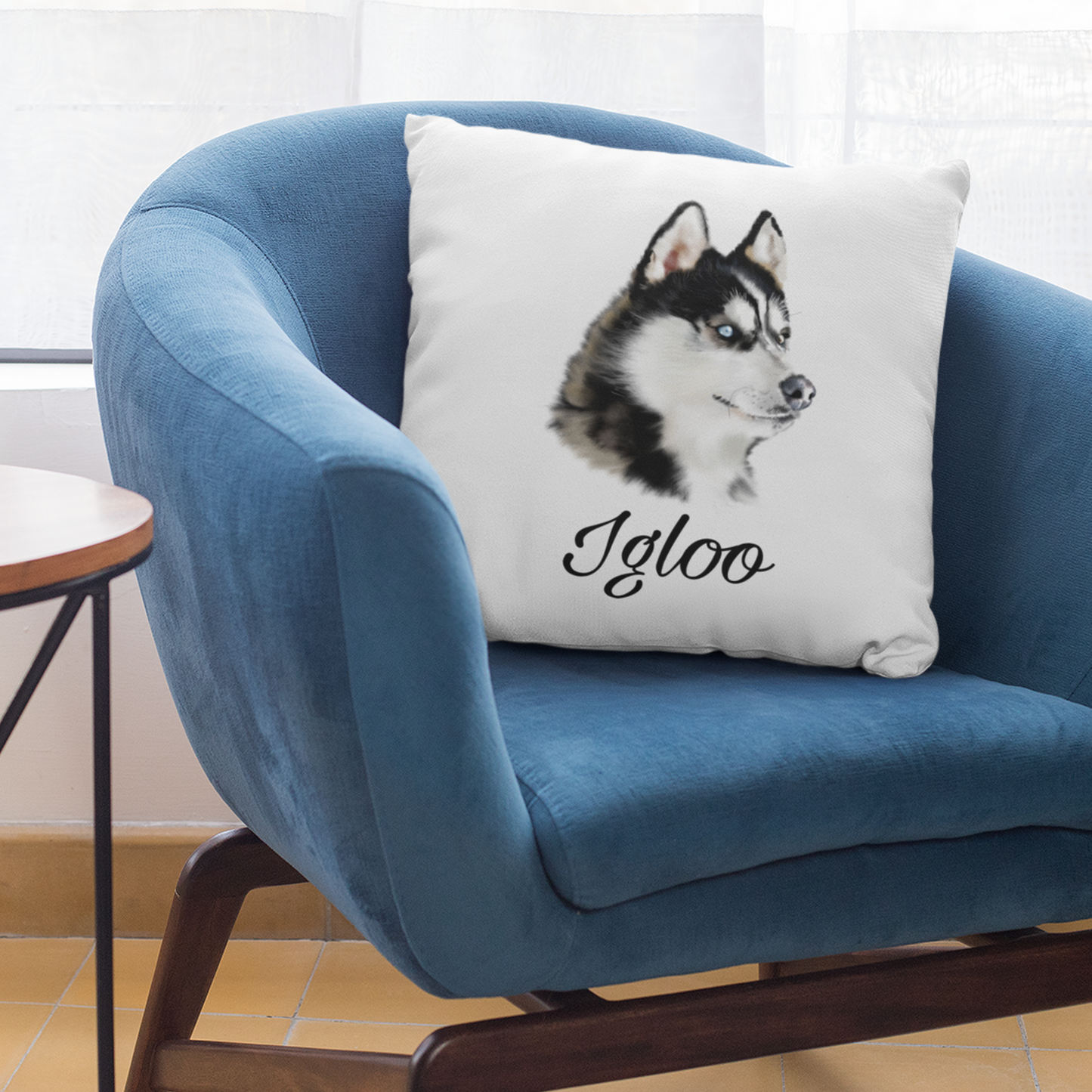 Coussin avec un portrait d'un husky personnalisable avec un prénom