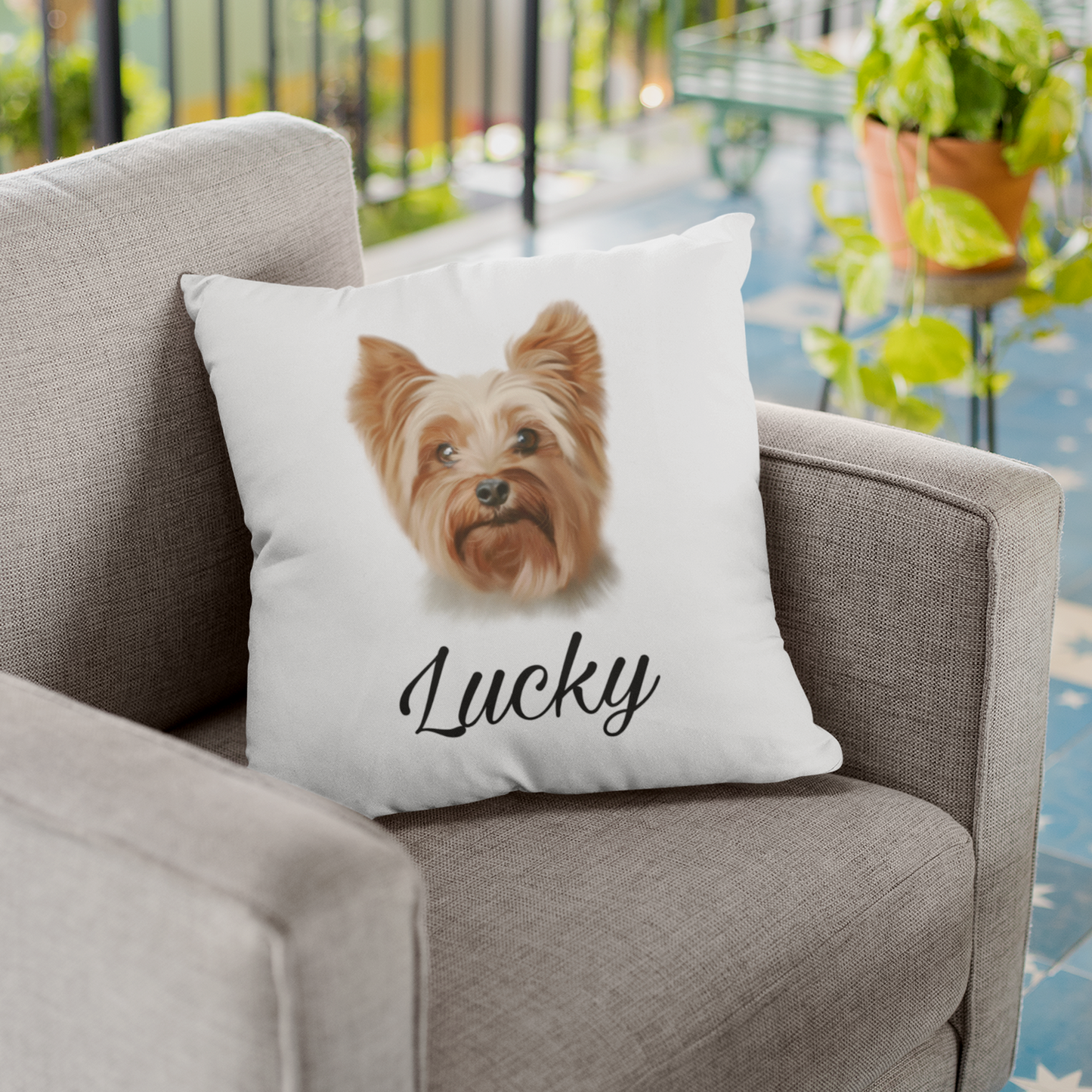 Coussin avec un portrait d'un yorkshire, personnalisable avec un prénom
