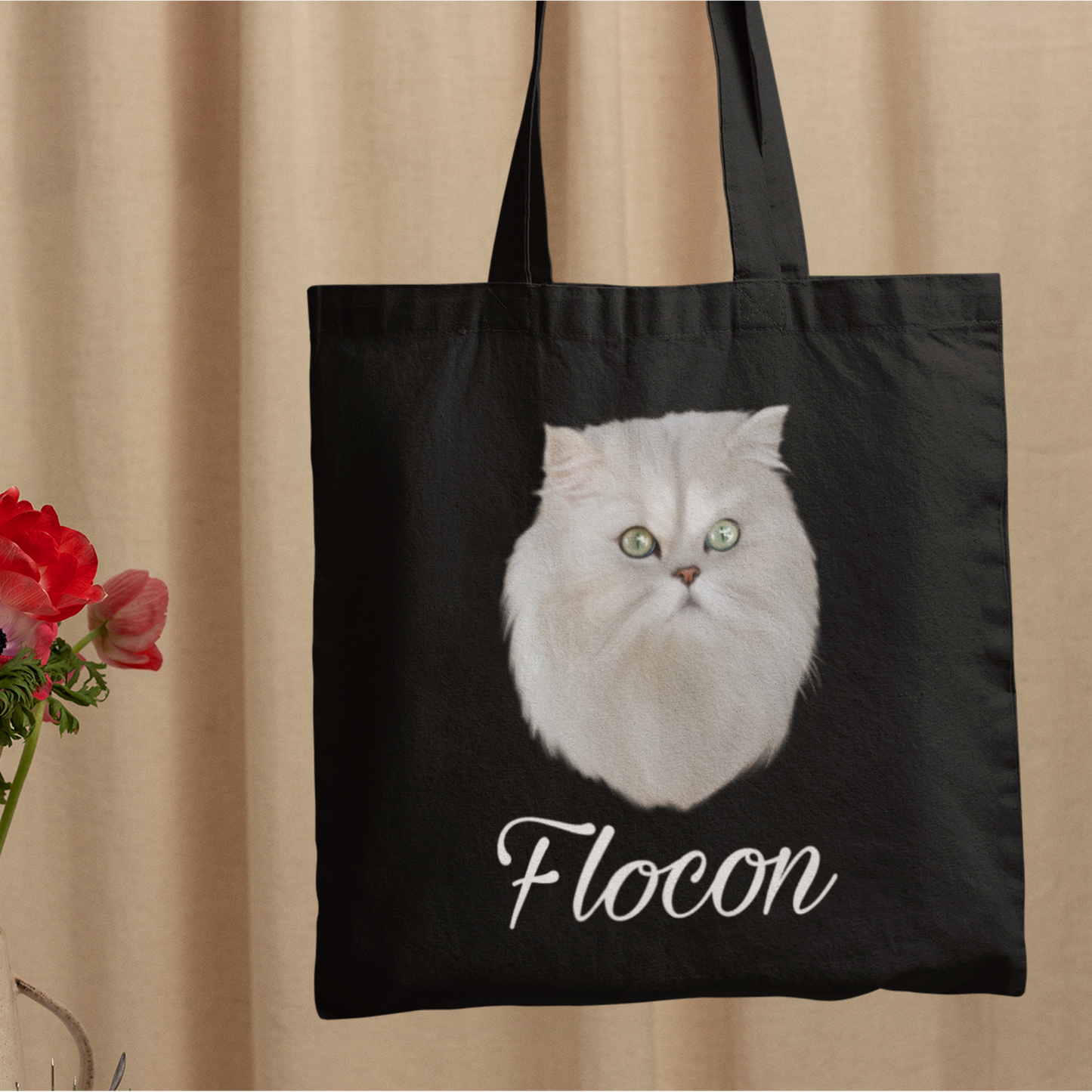 Totebag noir avec portrait d'un chat persan blanc personnalisable avec un prénom