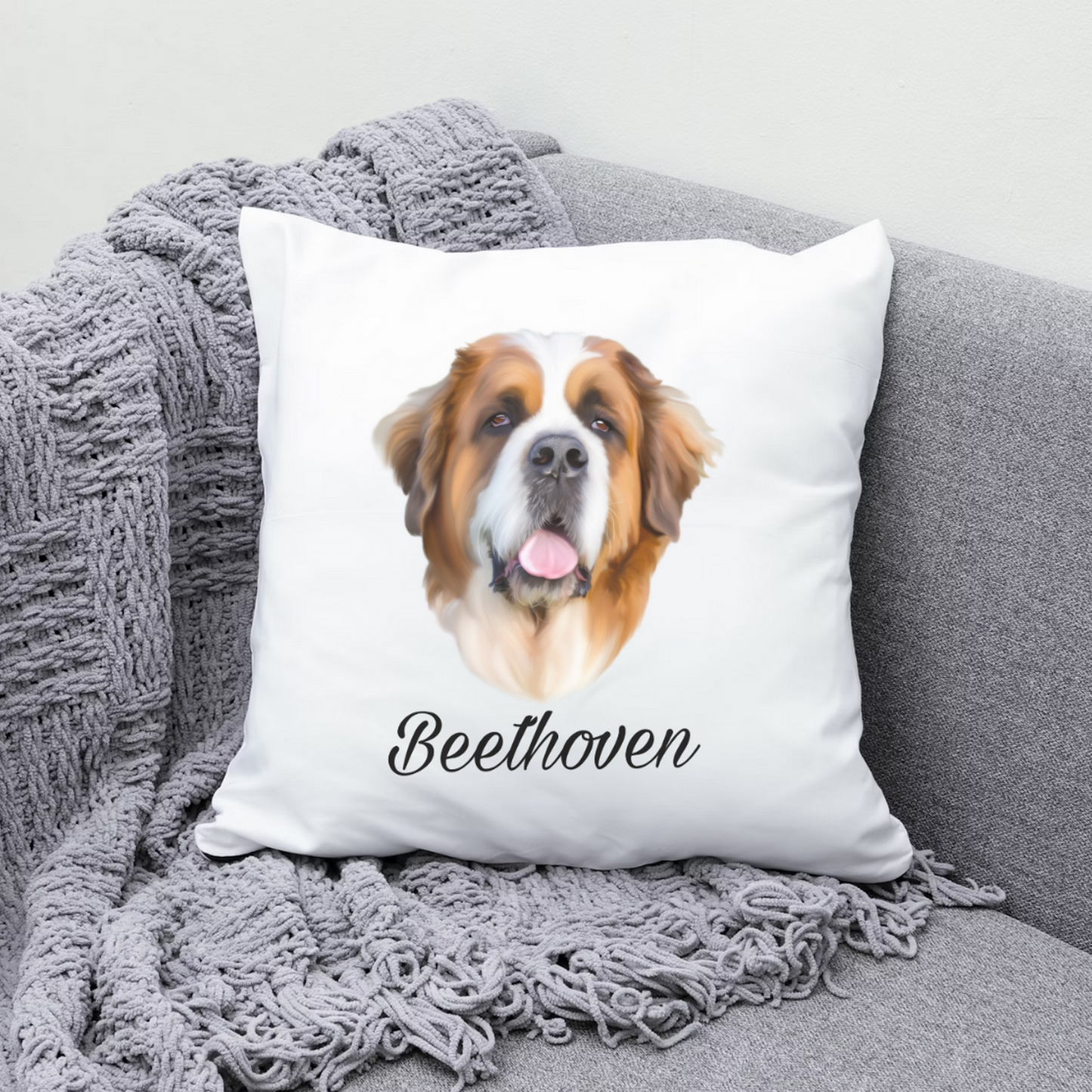Coussin avec un portrait d'un Saint Bernard personnalisable avec un prénom