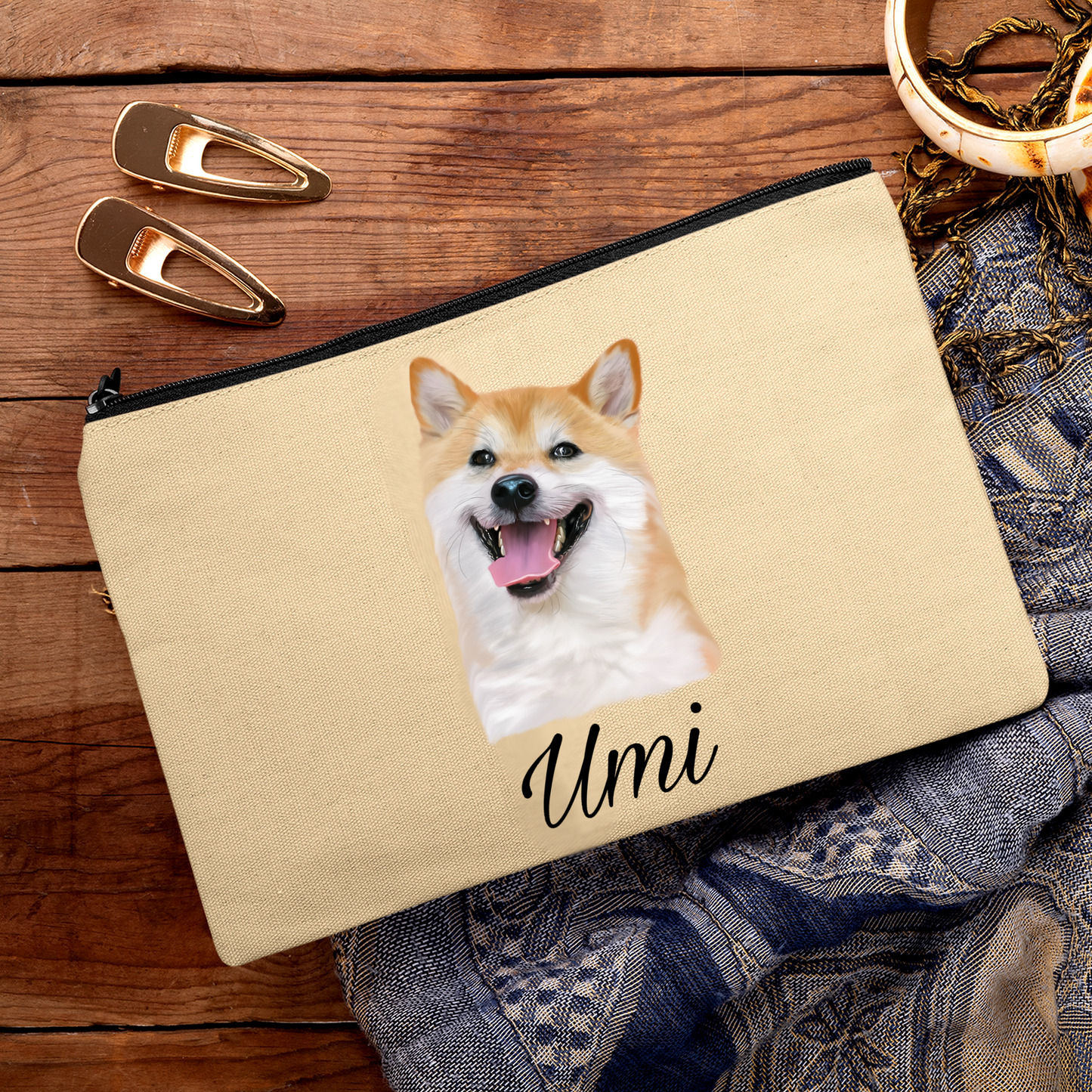 Trousse avec portrait d'un chien shiba inu personnalisable avec un prénom