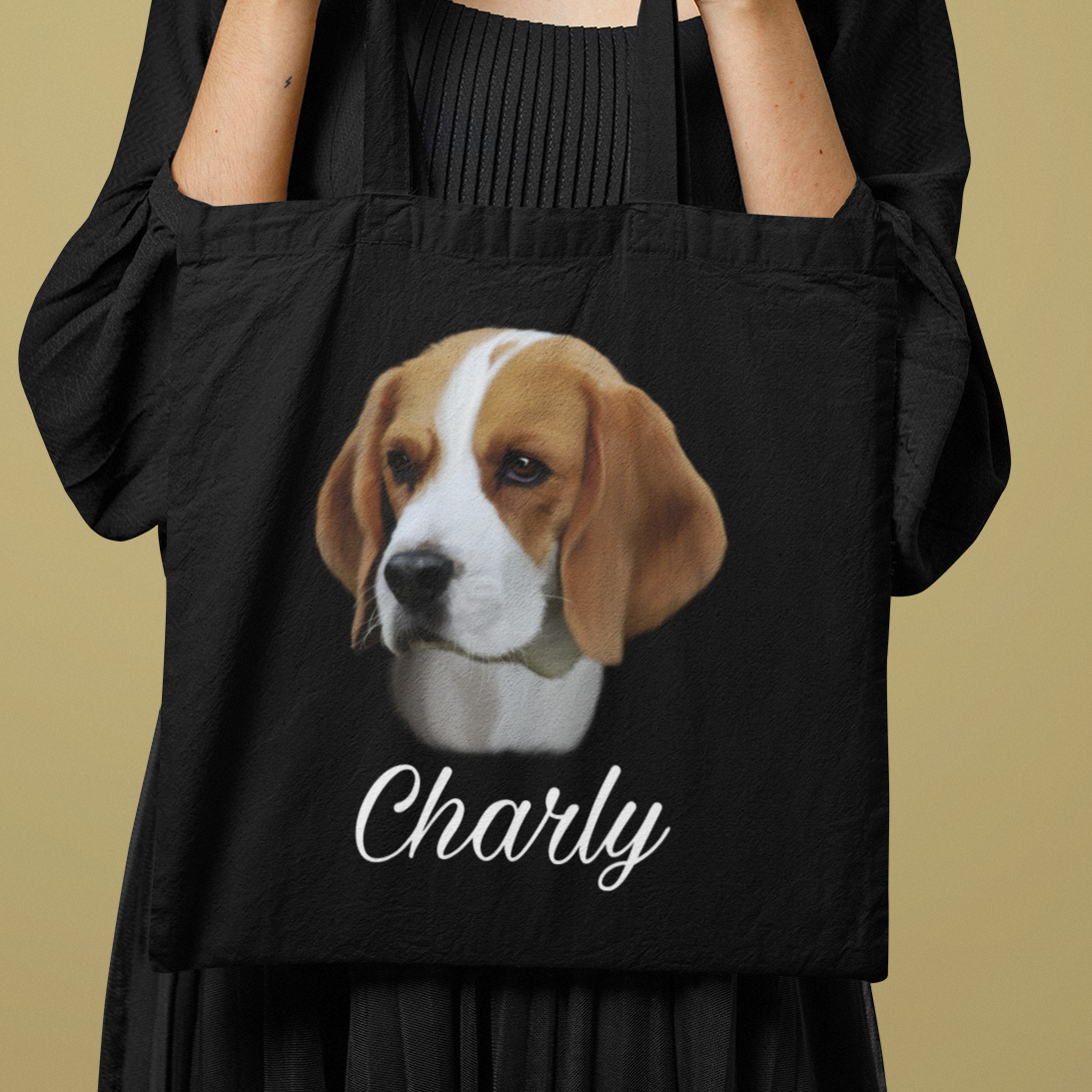 Totebag noir avec portrait d'un chien beagle personnalisable avec un prénom