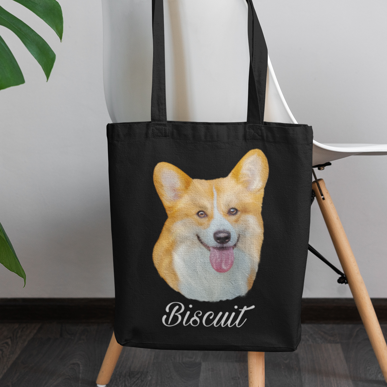 Totebag noir avec un portrait d'un corgi personnalisable avec un prénom