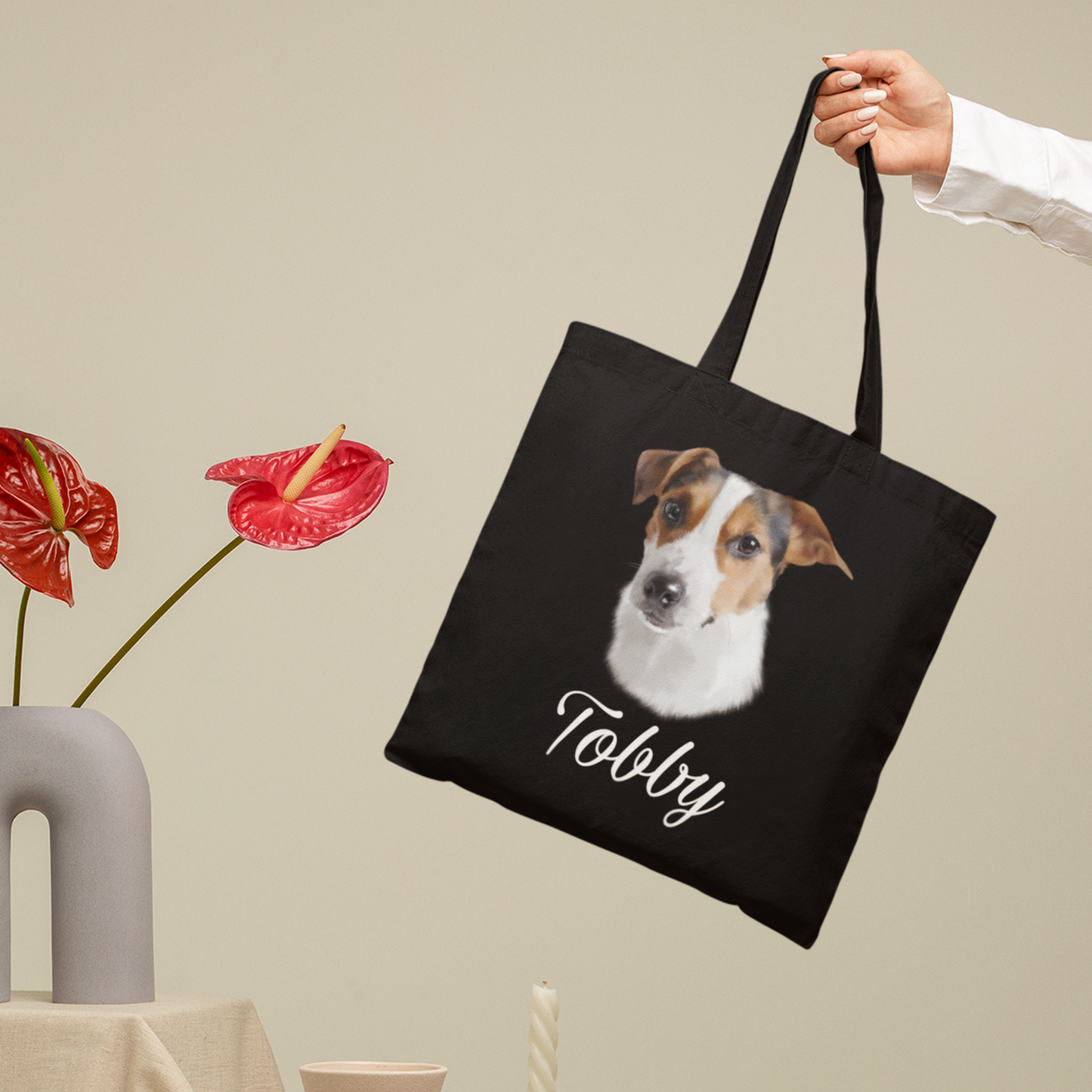 Totebag noir avec un portrait d'un jack russell personnalisable avec un prénom