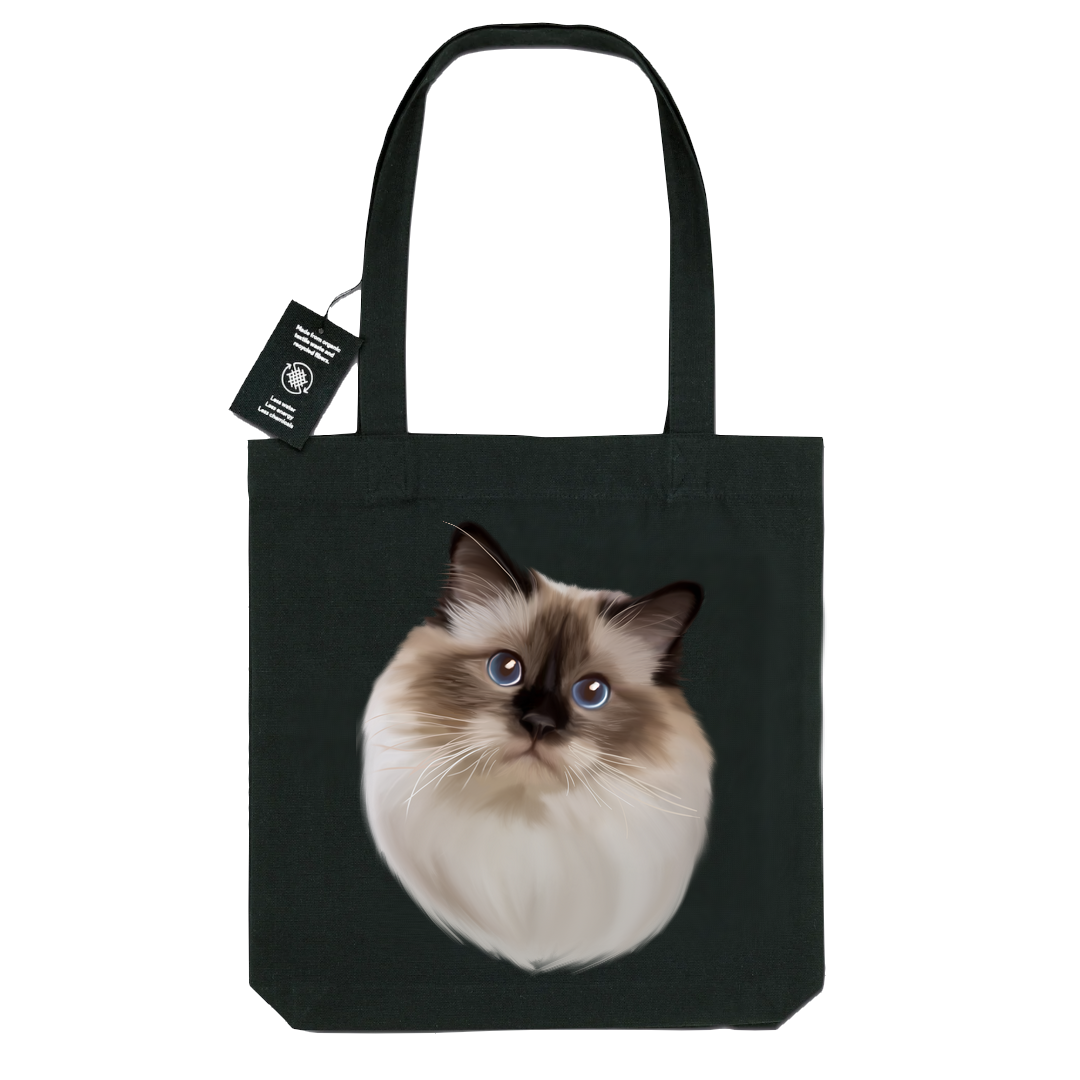 Totebag noir avec portrait d'un chat sacré de birmanie personnalisable avec un prénom