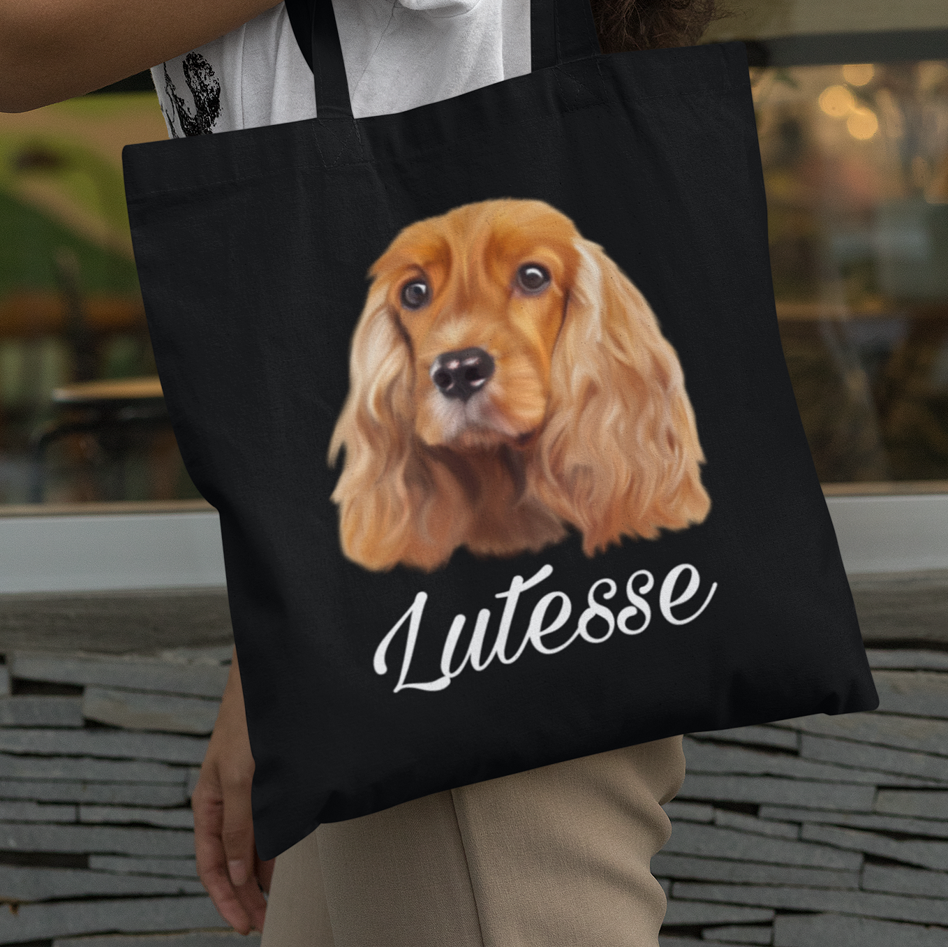 Totebag noir avec portrait d'un chien cocker personnalisable avec un prénom