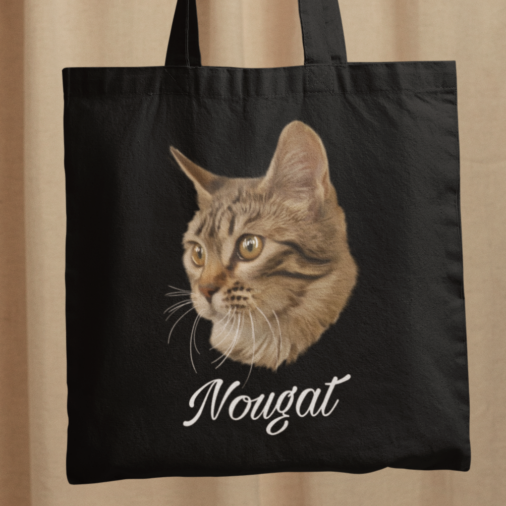 Totebag noir avec portrait d'un chat european shorthair personnalisable avec un prénom