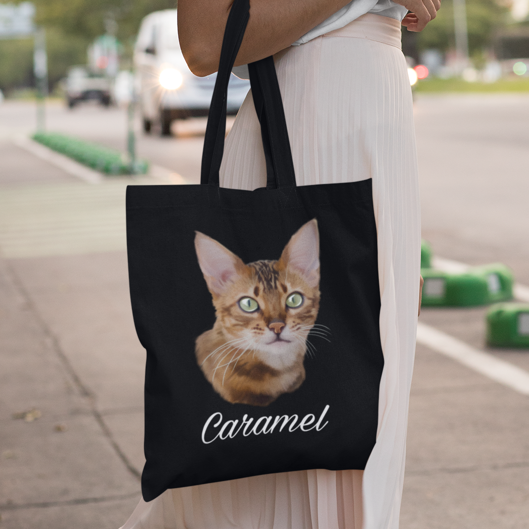 Totebag noir avec portrait d'un chat bengal personnalisable avec un prénom