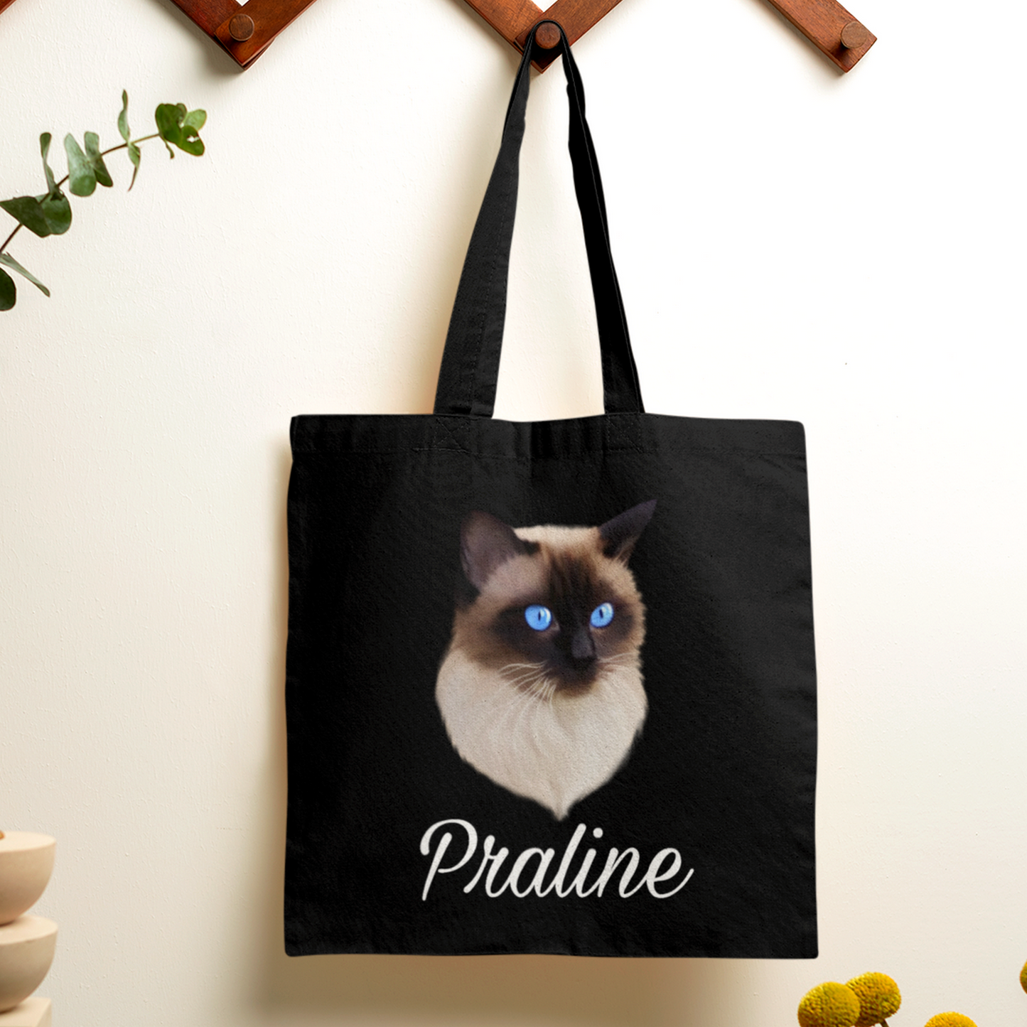Totebag noir avec portrait d'un chat siamois personnalisable avec un prénom
