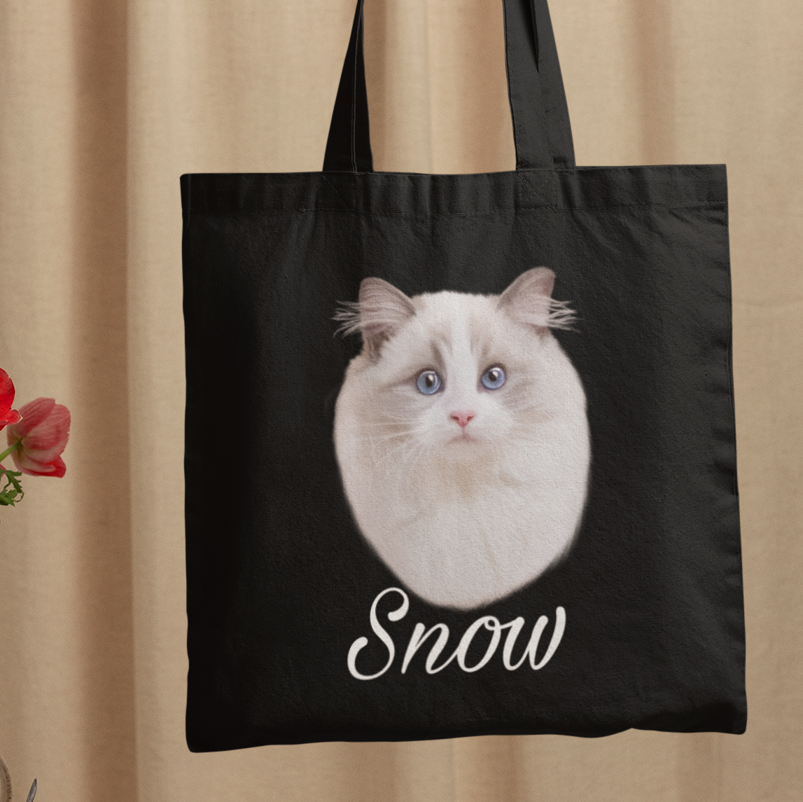 Totebag noir avec portrait d'un chat ragdoll personnalisable avec un prénom