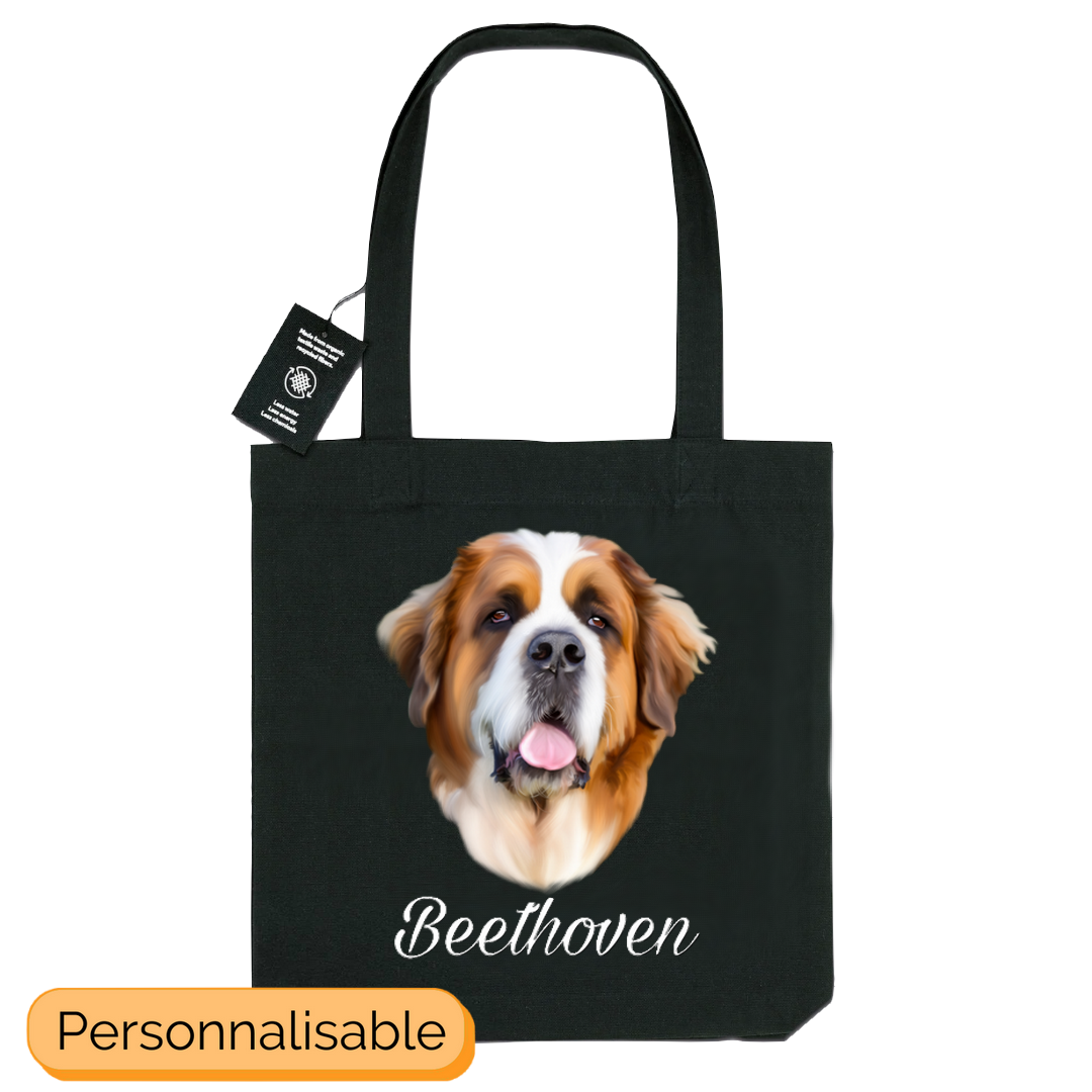 Totebag noir saint bernard personnalisable avec un prénom