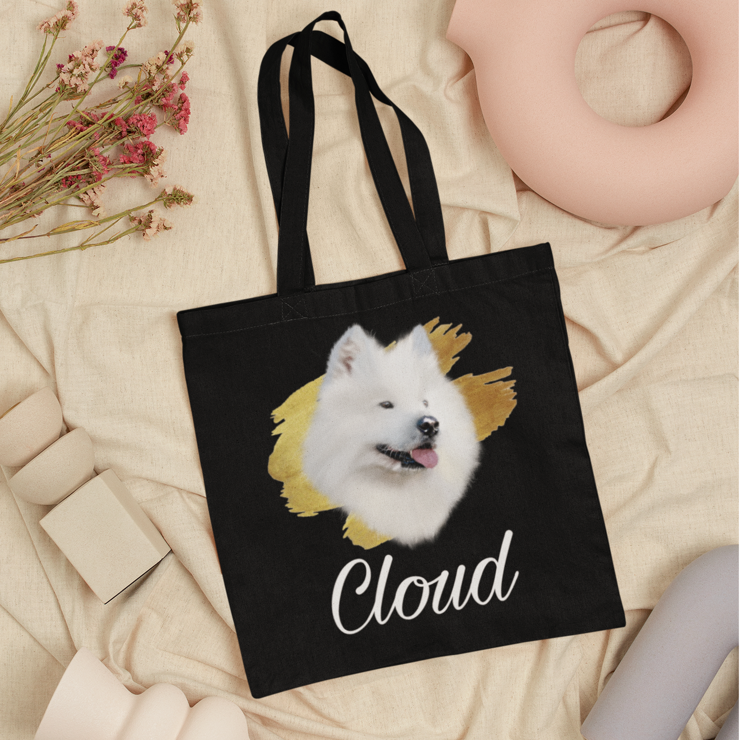 Totebag noir avec un portrait d'un samoyède personnalisable avec un prénom