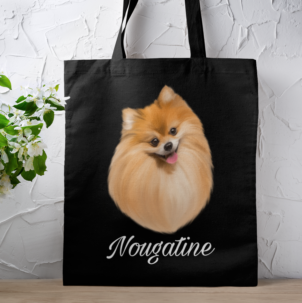 Totebag noir avec portrait d'un chien spitz roux personnalisable avec un prénom