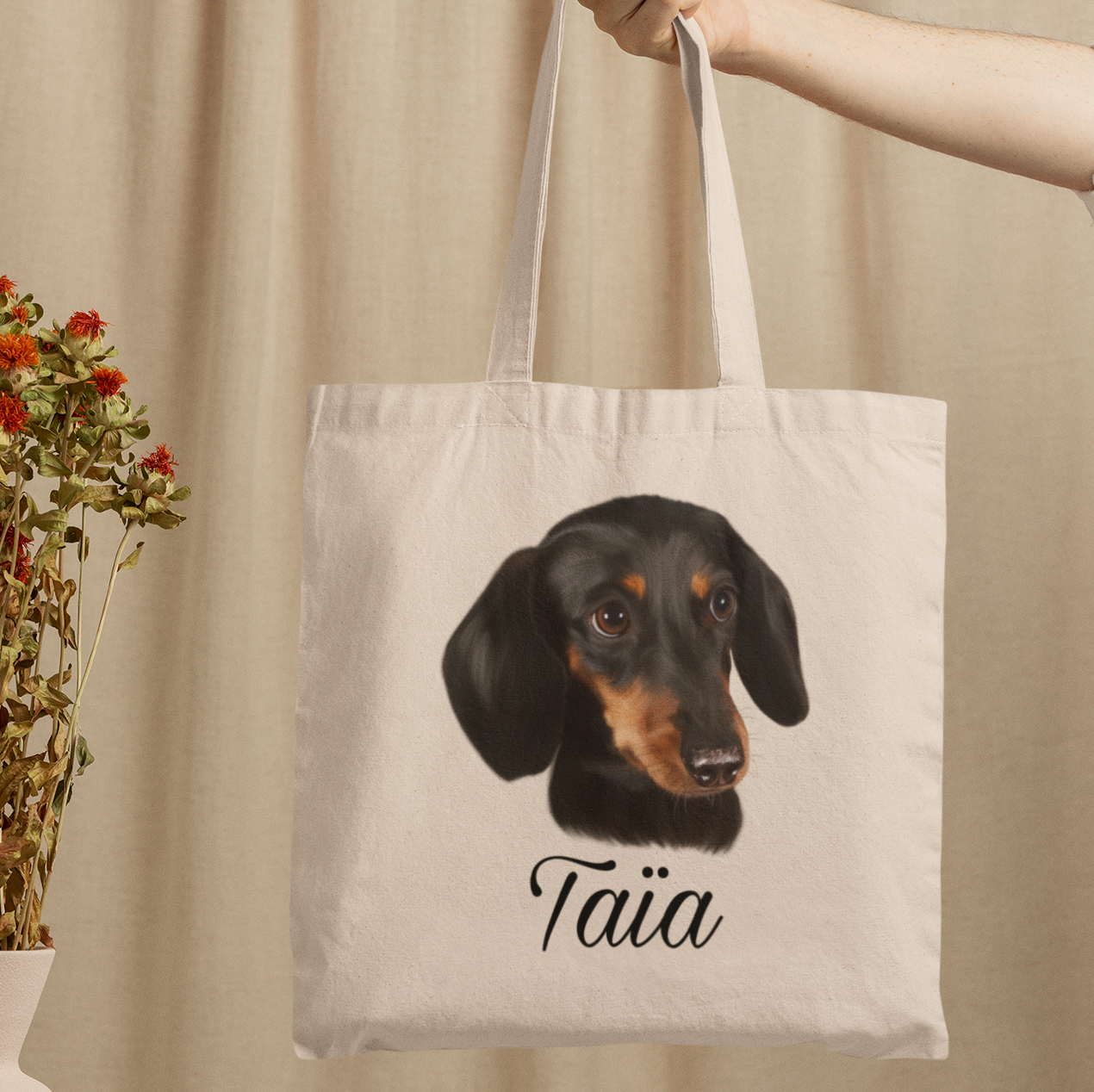 Totebag avec portrait d'un chien teckel personnalisable avec un prénom