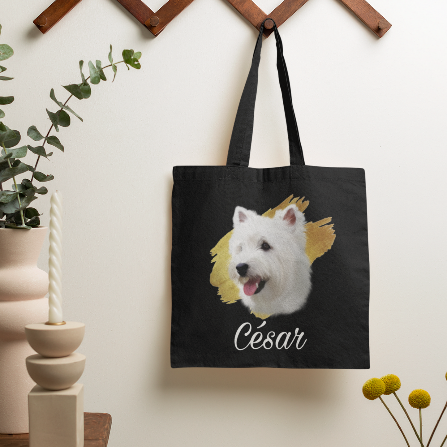 Totebag noir avec portrait d'un westie personnalisable avec un prénom