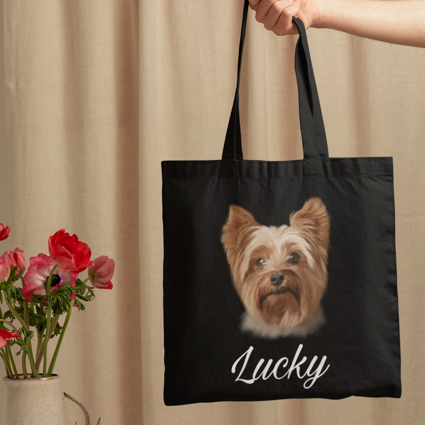 Totebag noir avec portrait d'un yorkshire à personnaliser avec un prénom