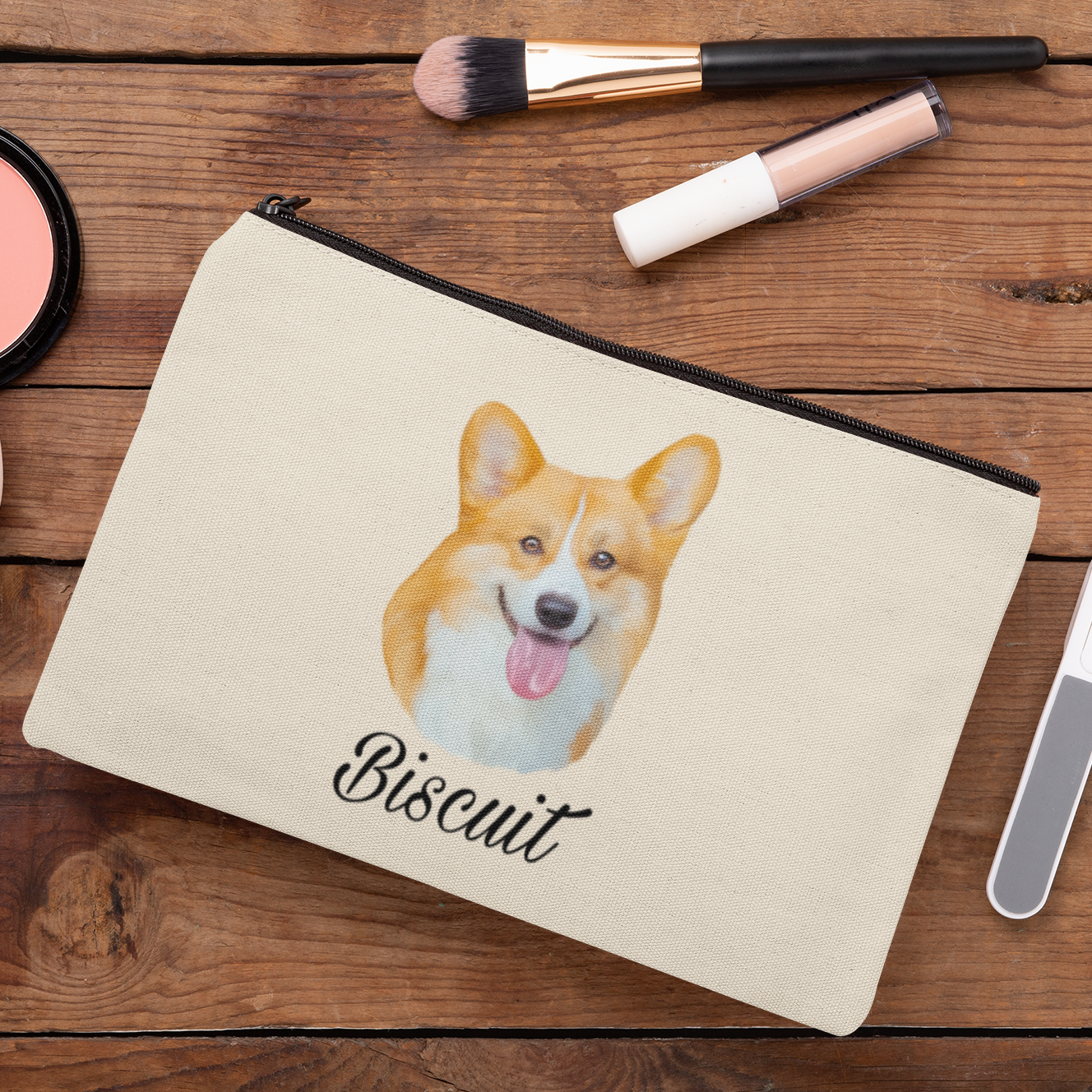 Trousse avec un portrait d'un corgi personnalisable avec un prénom