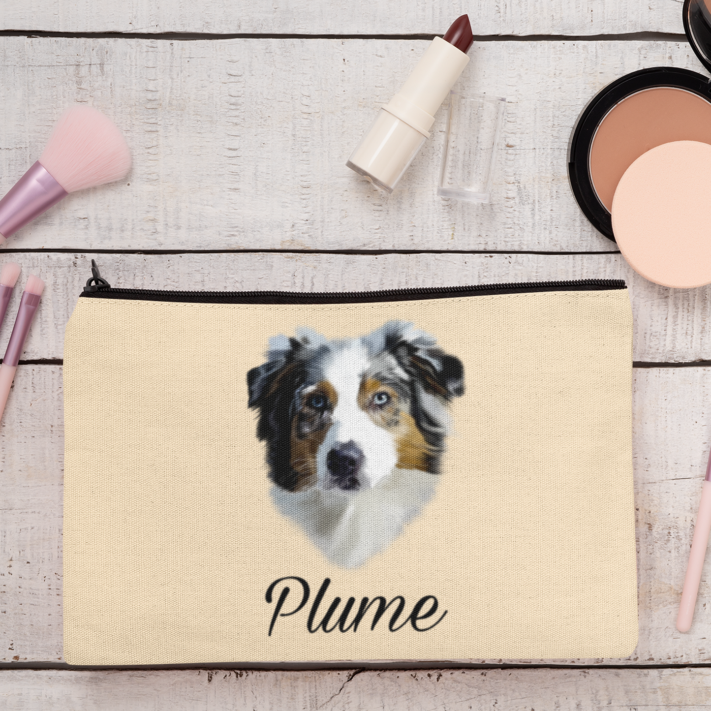 Trousse avec portrait d'un chien berger australien personnalisable avec un prénom