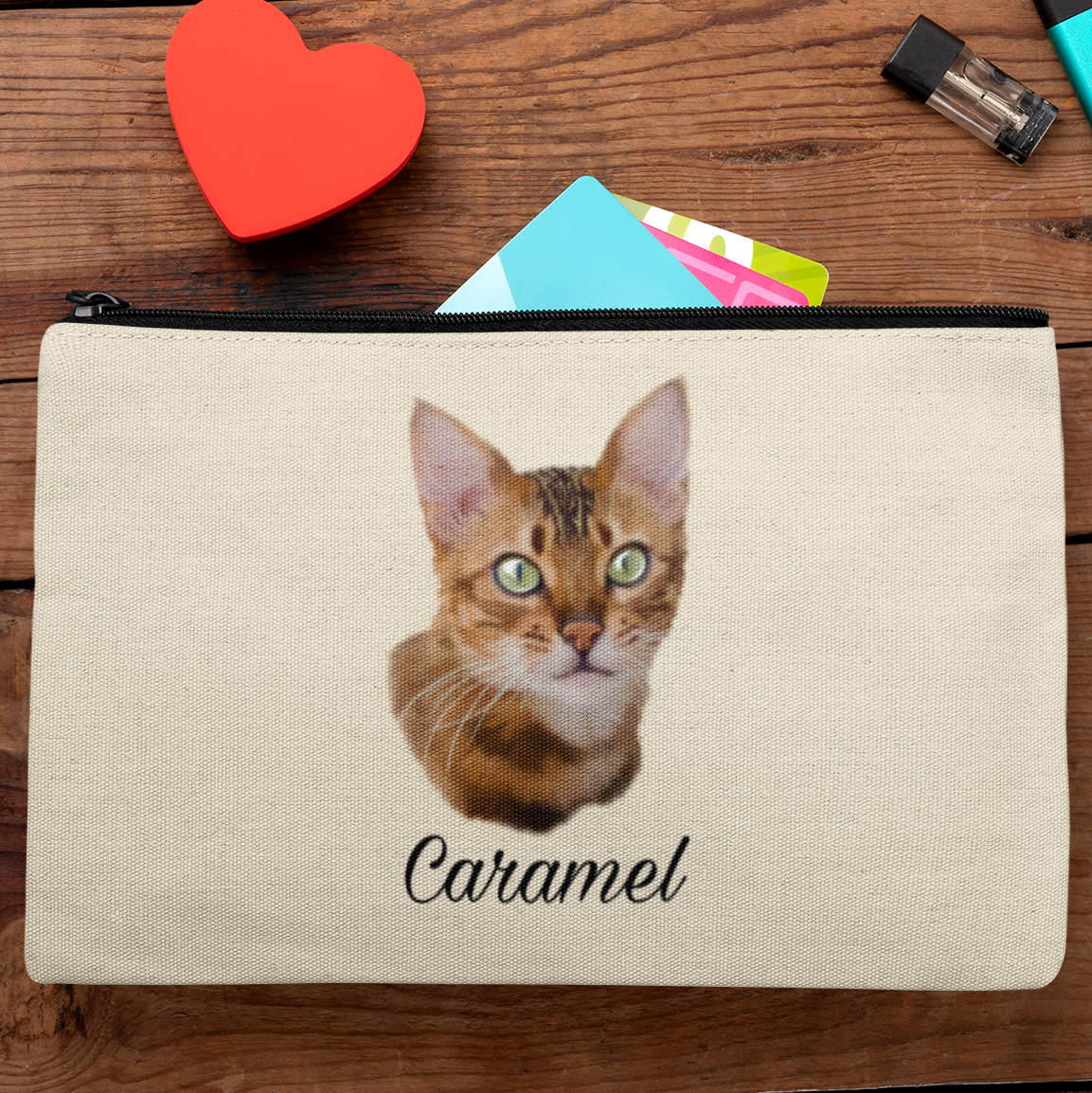Trousse avec portrait d'un chat bengal à personnaliser avec un prénom