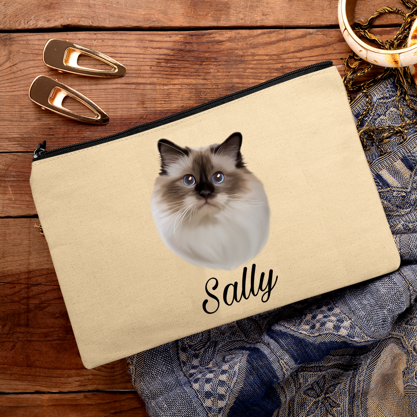 Trousse avec portrait d'un chat sacré de birmanie personnalisable avec un prénom