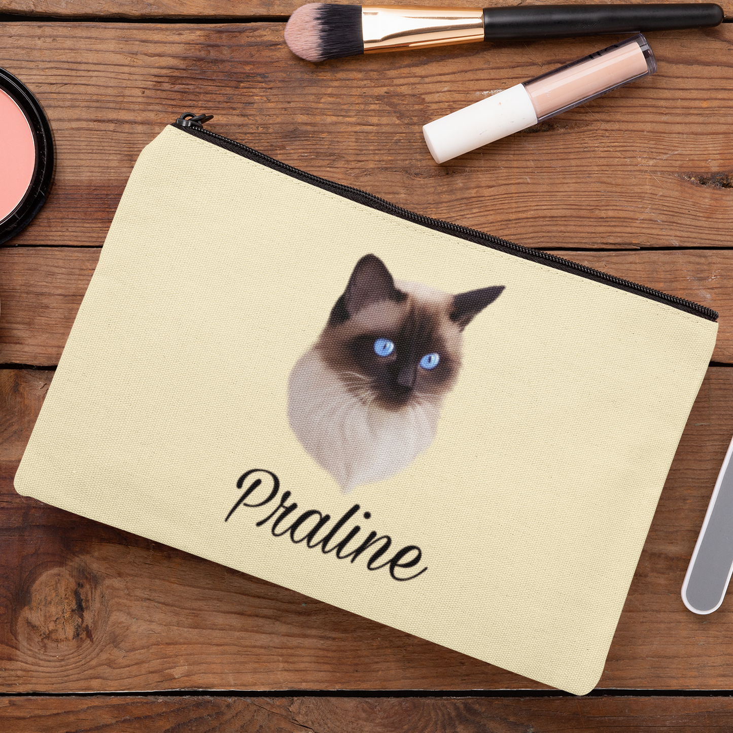 Trousse avec portrait d'un chat siamois personnalisable avec un prénom