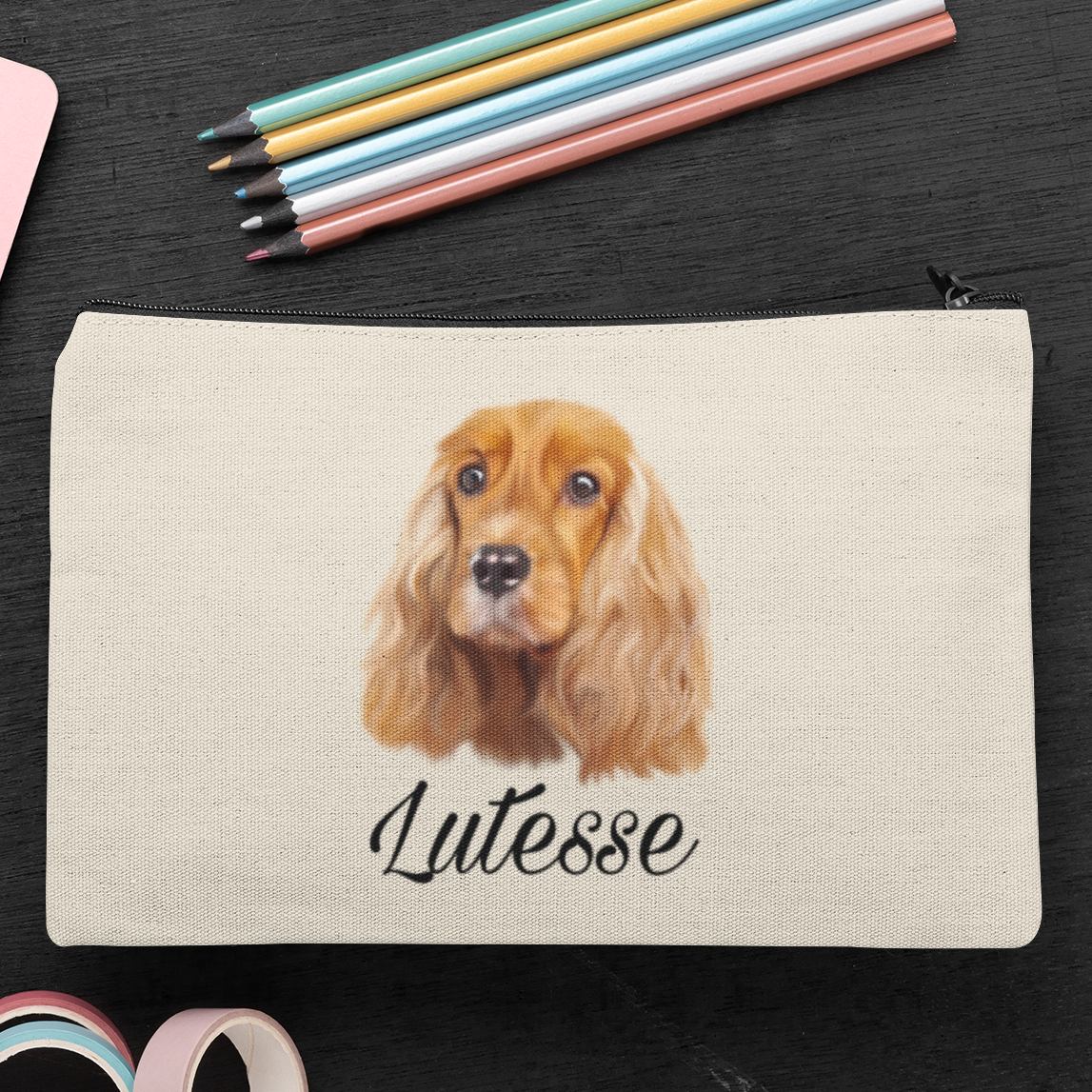 Trousse avec portrait d'un chien cocker personnalisable avec un prénom