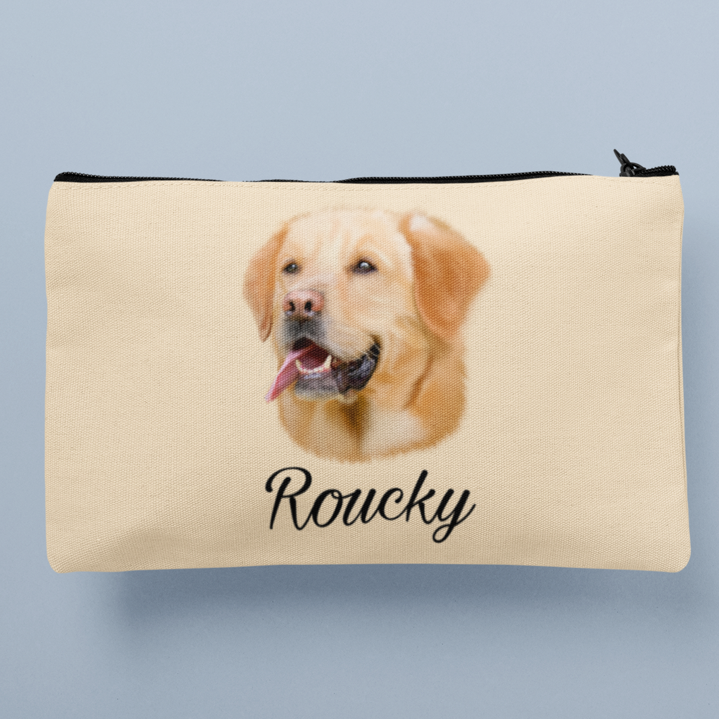 Trousse avec un portrait d'un golden retriever personnalisable avec un prénom