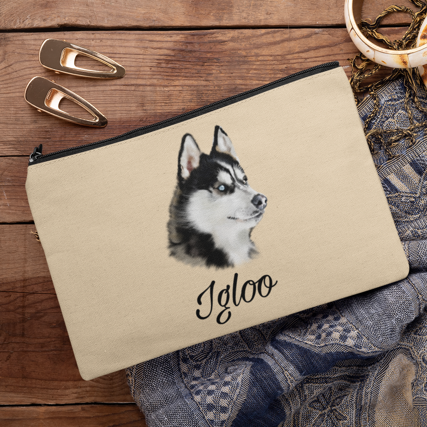 Trousse avec un portrait d'un husky personnalisable avec un prénom