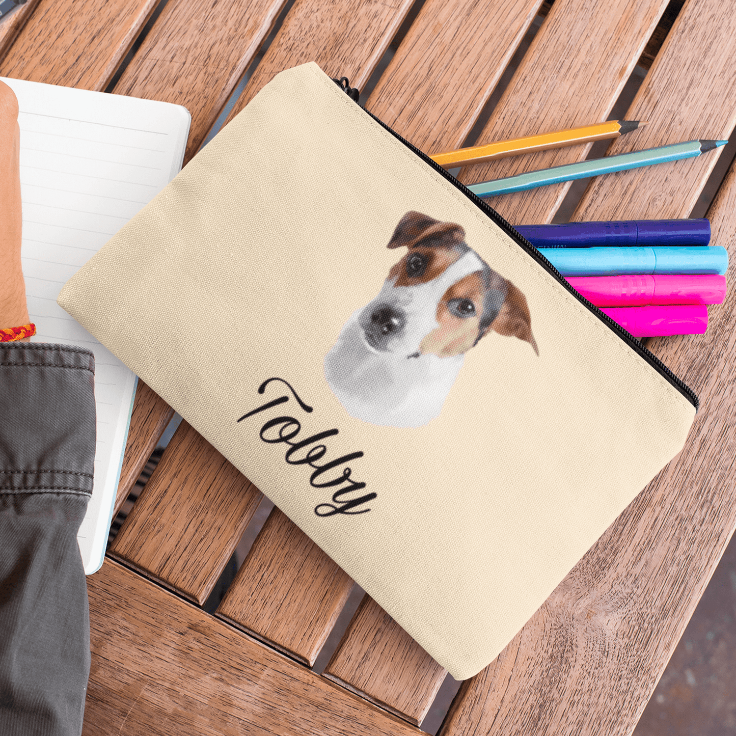 Trousse avec un portrait d'un jack russell personnalisable avec un prénom