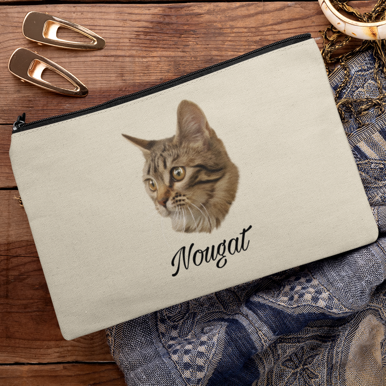 Trousse avec portrait d'un chat european shorthair à personnaliser avec un prénom