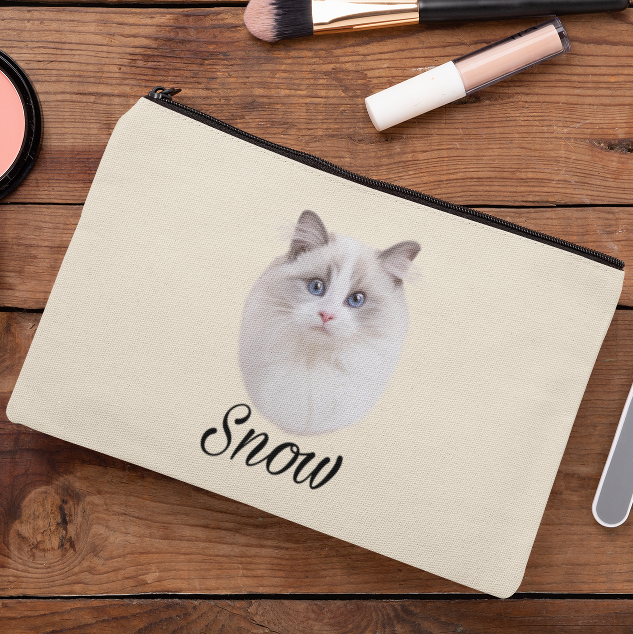 Trousse avec portrait d'un chat ragdoll personnalisable avec un prénom