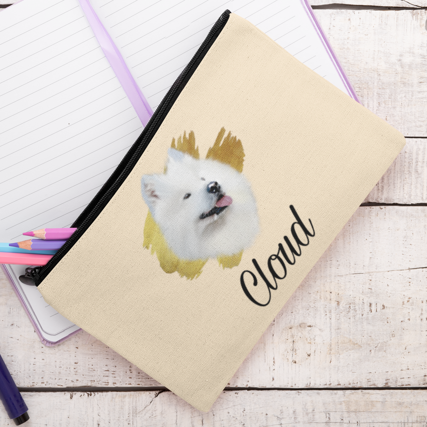 Trousse avec un portrait d'un samoyède personnalisable avec un prénom