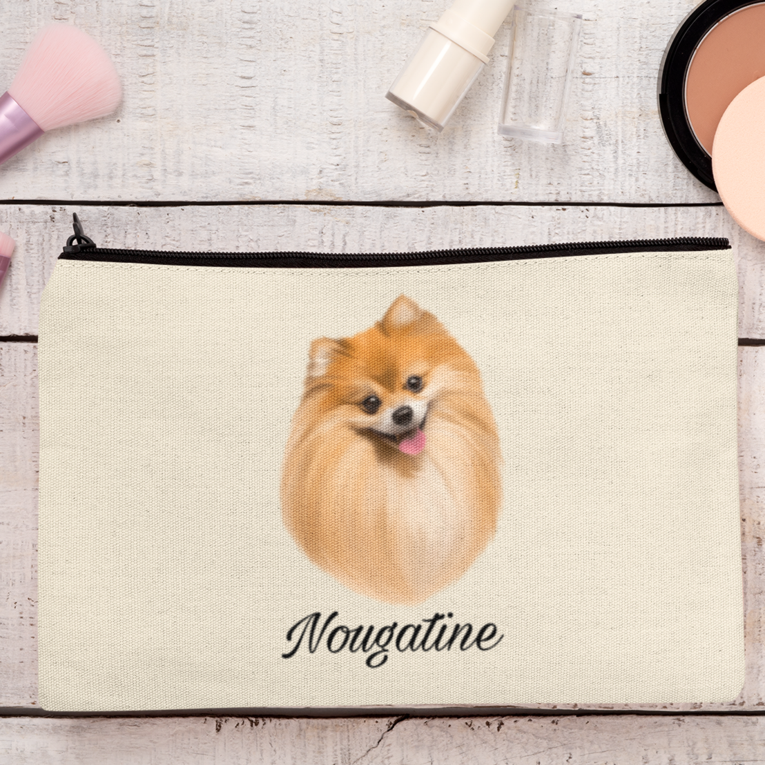 Trousse avec portrait d'un chien spitz roux personnalisable avec un prénom