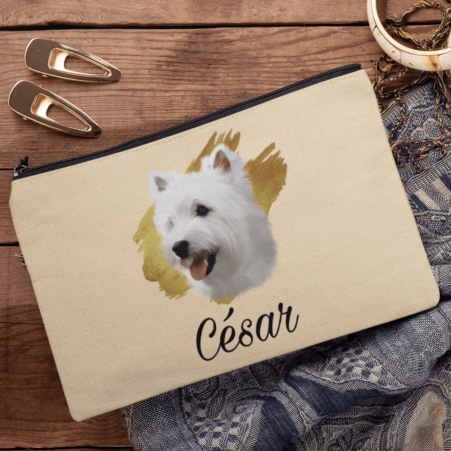 Trousse avec portrait d'un westie personnalisable avec un prénom