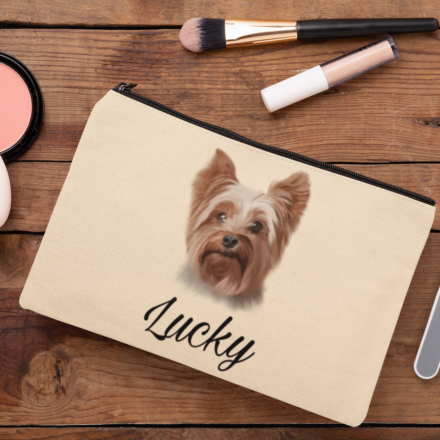 Trousse avec portrait d'un yorkshire à personnaliser avec un prénom