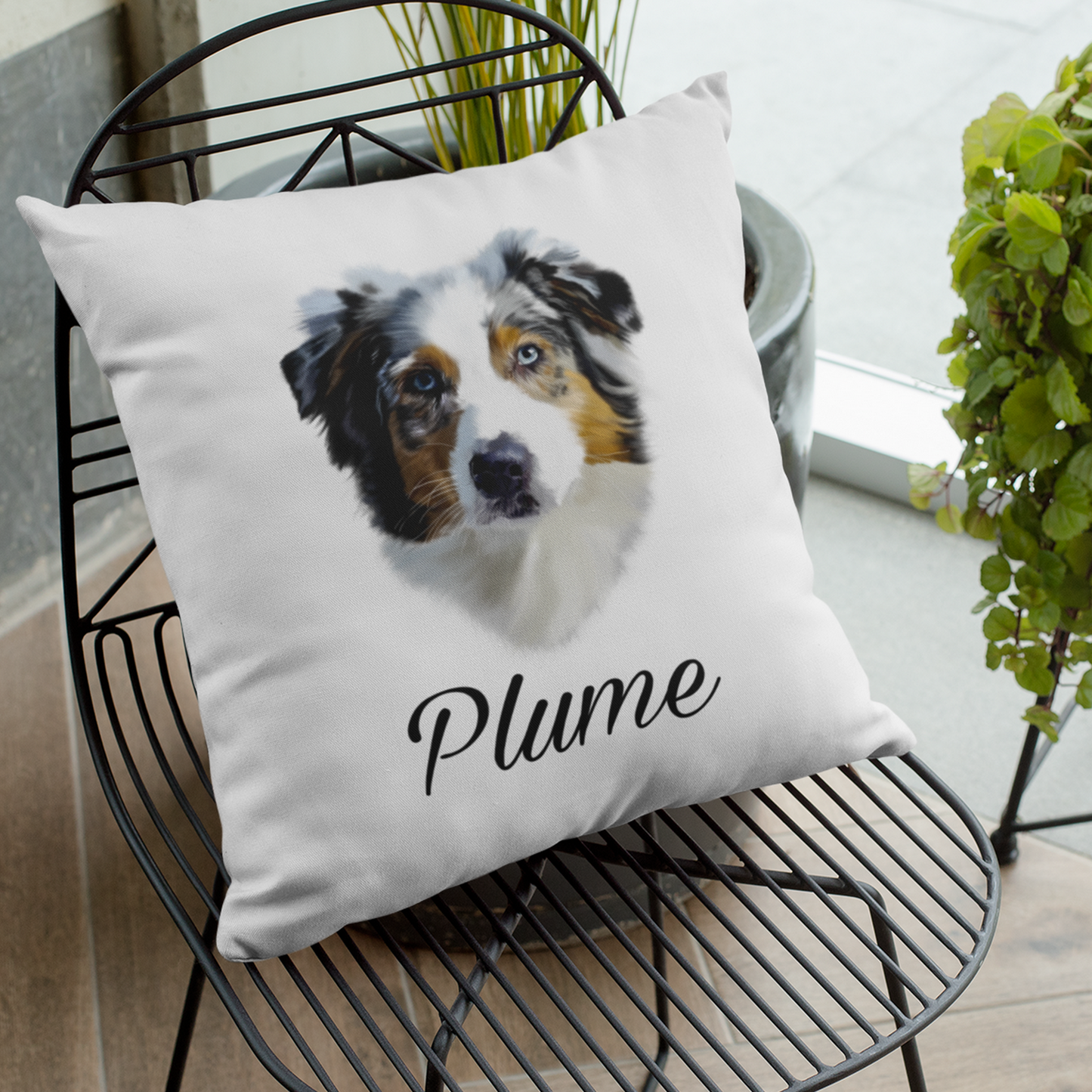 Coussin avec portrait d'un chien berger australien personnalisable avec un prénom