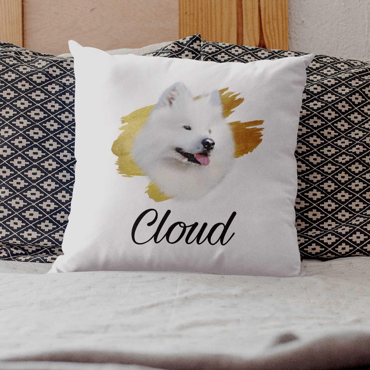 Coussin avec un portrait d'un samoyède personnalisable avec un prénom