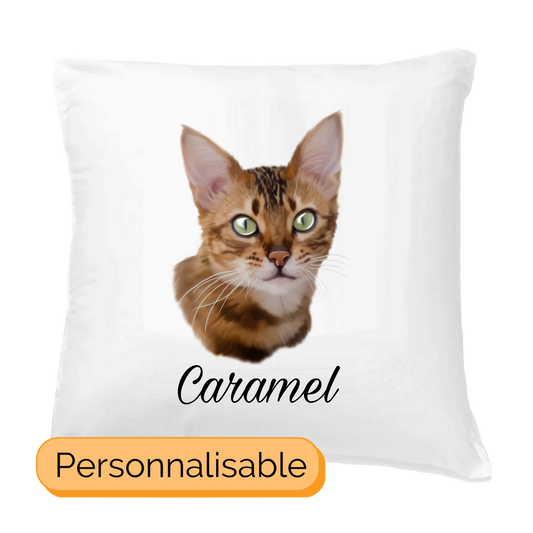 Coussin avec portrait d'un chat bengal personnalisable avec un prĂ©nom