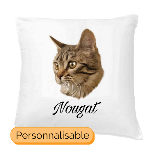 Coussin avec portrait d'un chat european shorthair personnalisable avec un prĂ©nom
